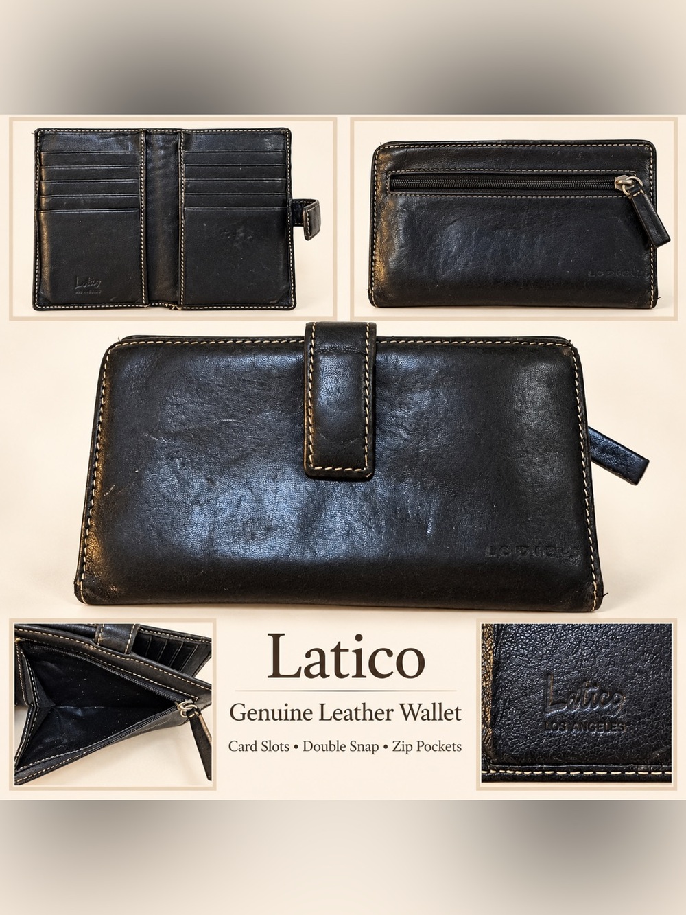 Latico Black Genuine Leather Continental Wallet aDouble Snap Zip Pockets
